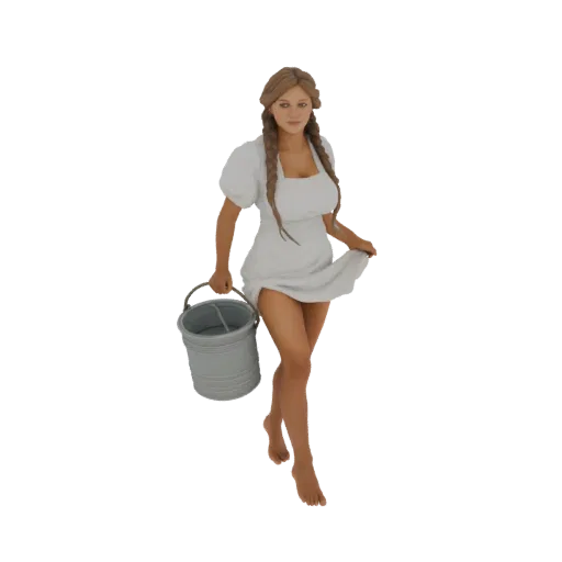 3D модель девушки с косой, в белом платье, с металлическим бидоном, в шагающей позе.