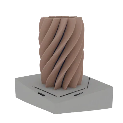 3D модель высокой витой колонны-вазы с матовой отделкой, установленной на сером геометрическом постаменте.