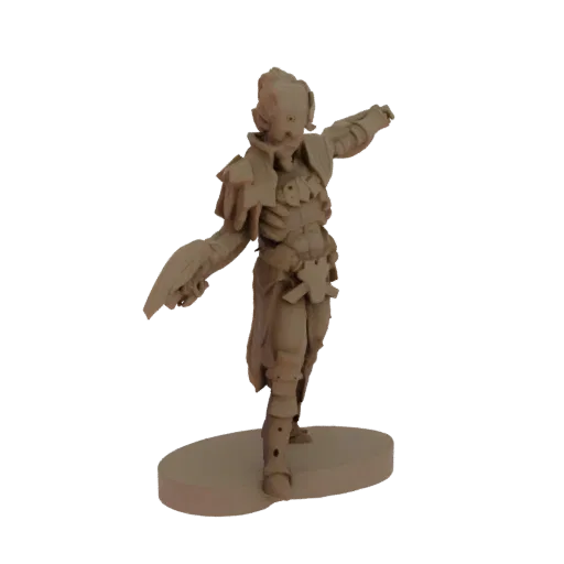 3D модель фигуры Алхимика в стиле Стимпанк с замысловатыми шестеренками и мешочками, динамично расположенная на подставке.