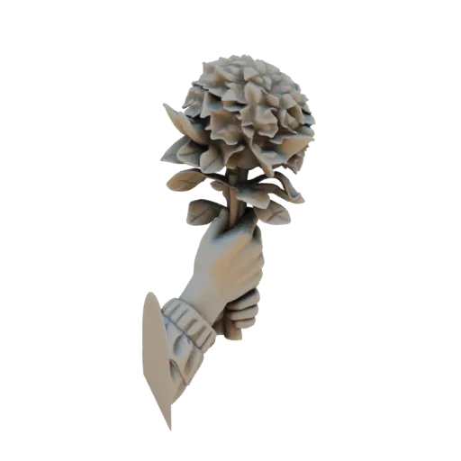 3D модель руки светлого оттенка, держащая детализированный цветок светлого цвета с множеством лепестков.