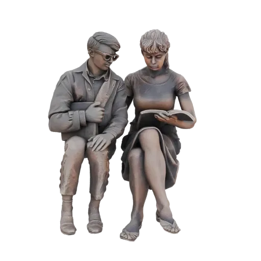 3D модель мужчины и женщины, сидящих вместе и читающих книгу, с бронзовым покрытием.