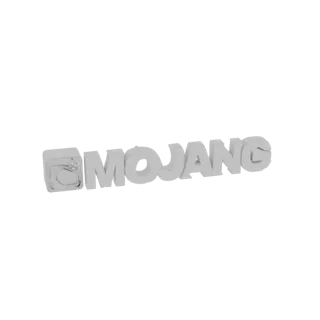 3D-отрендеренная модель логотипа Mojang с буквами 'MOJANG' и культовым символом 'C' белого цвета на простом фоне.