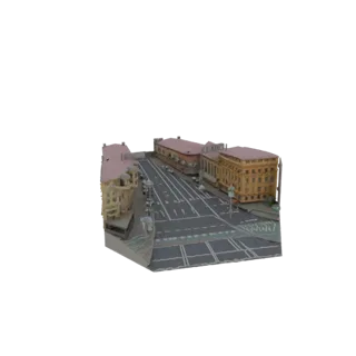 3D модель европейского городского квартала с богато украшенными желто-коричневыми зданиями, серой мощеной улицей и тротуарами