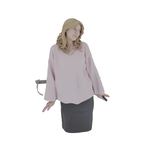 3D модель женщины со светлыми волосами в розовом свитере и серой юбке, смотрящей в сторону.