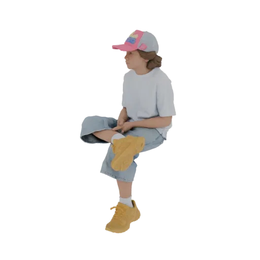 3D модель девушки сидящей, в синей футболке, джинсовых шортах, розово-серой кепке и желтых кроссовках, смотрящей в сторону.