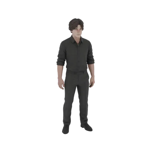 3D модель мужчины в черной рубашке с воротником и черных брюках, с темными волосами, стоящего на черном фоне.