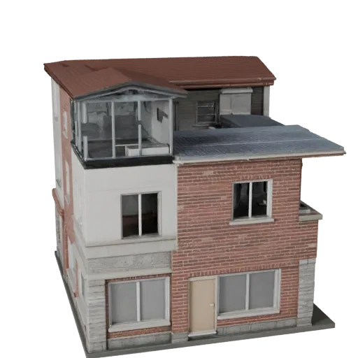 Модульный пригородный комплект, высокополигональная 3D модель, крупный план архитектурного рендера, показывающий материалы мо