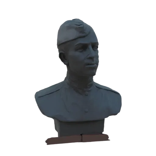 3D модель бюста советского солдата в военной фуражке и форме, с серьезным выражением лица.