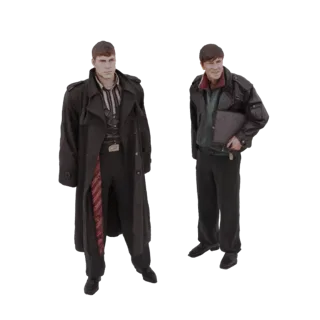 3D модель двух мужчин, стоящих рядом, оба в плащах, на белом фоне.