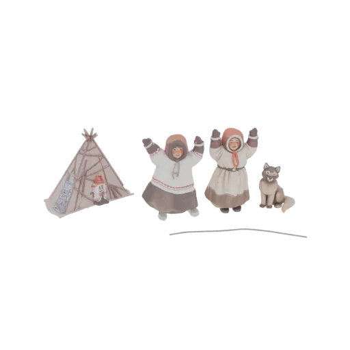 3D модель арктической деревенской сцены с двумя фигурами в парках, вигвамом и волком.