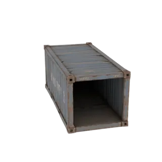 3D модель потертого серого морского контейнера с открытым передним торцом, с ржавчиной и следами износа.