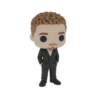 3D модель джентльмена в темном костюме, стилизованная под фигурку Funko Pop с кудрявыми каштановыми волосами и усами, стоящег