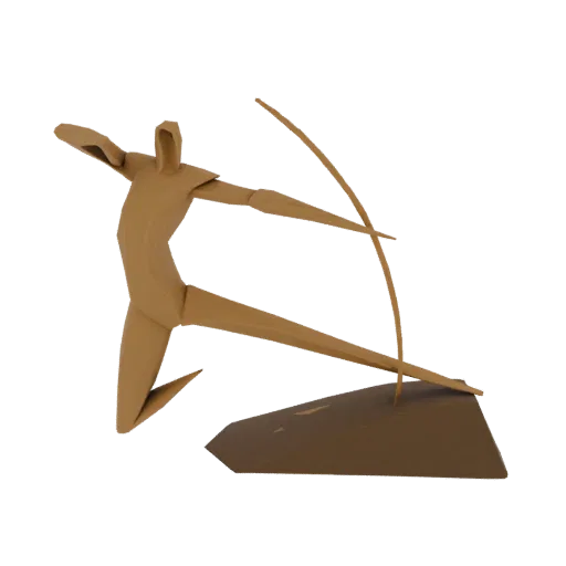 Низкополигональная, геометрическая 3D модель лучника в динамичной позе, натягивающего лук, выполненная из матового коричневог