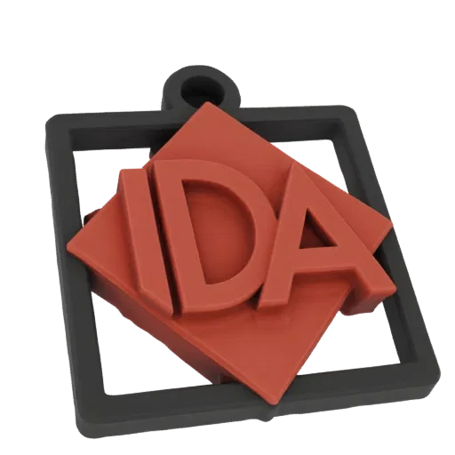 3D рендер черной квадратной рамки с красным ромбовидным знаком логотипа IDA и петлей для брелка.