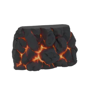 3D модель темной, зазубренной скальной породы со светящимися оранжевыми и желтыми трещинами, напоминающая расплавленную лаву.
