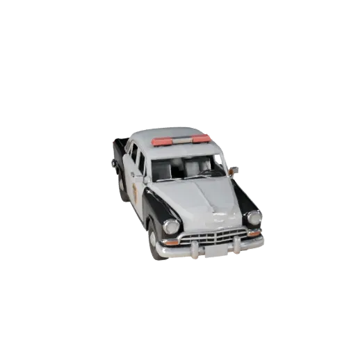 Низкополигональная 3D-модель винтажного полицейского автомобиля, вид из игрового окна в трех четвертях, низкополигональный тр