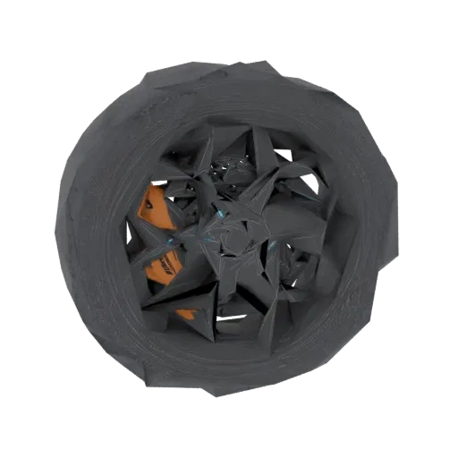 Вид сверху на абстрактную 3D модель колеса автомобиля с острыми геометрическими гранями и оранжевыми тормозными суппортами.