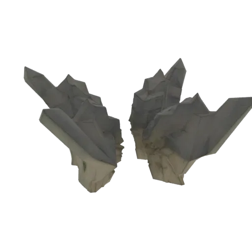 3D модель двух острых кристаллических скальных образований с серыми верхними частями и бледными земляными основаниями на черн