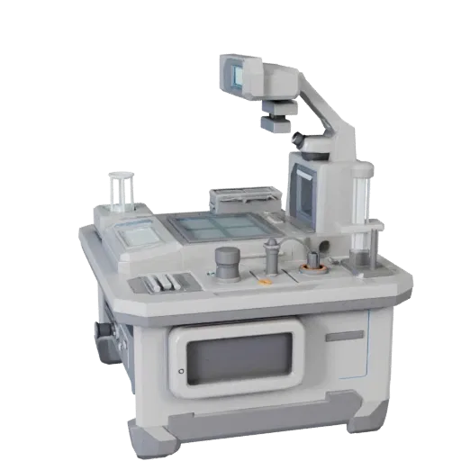 Низкополигональная 3D модель футуристического сканера, вид в игровом окне три четверти, демонстрирующий чистый металл, настол