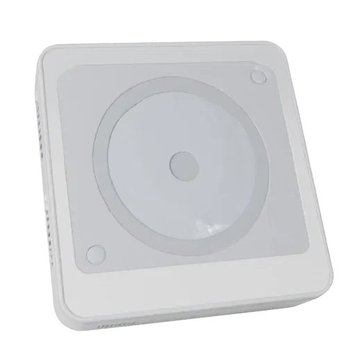 Реалистичная 3D-модель Minimal Smart Thermostat, студийный рендер в три четверти, показывающий белый пластик, детали формы.