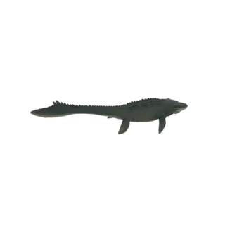 3D модель Мозазавра, крупной морской рептилии, плывущей с горизонтальным телом и вытянутым хвостом.