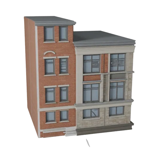 Низкополигональная 3D модель богато украшенного фасада, готовый к игре экстерьер, показывающий материалы фасада здания и архи