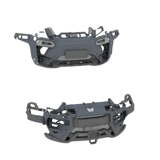 3D-модель переднего бампера автомобиля Evolute i-JOY 2024, серого цвета, с детальной проработкой решеток, фар и креплений.