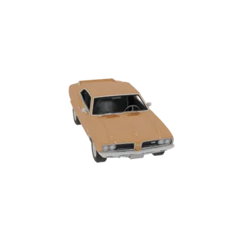 3D модель автомобиля Oldsmobile Toronado Esso 67-X 1967 года, окрашенная в цвет охра, представлена в ракурсе.