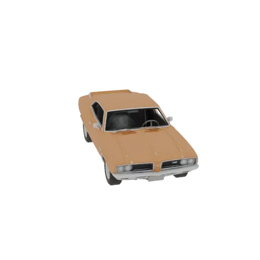 3D модель автомобиля Oldsmobile Toronado Esso 67-X 1967 года, окрашенная в цвет охра, представлена в ракурсе.