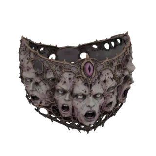 3D модель готической маски с множеством кричащих лиц и центральным фиолетовым глазом, отрисованная на белом фоне.