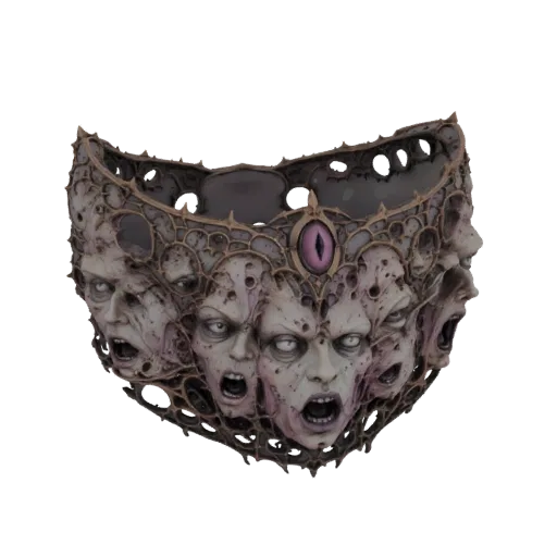 3D модель готической маски с множеством кричащих лиц и центральным фиолетовым глазом, отрисованная на белом фоне.