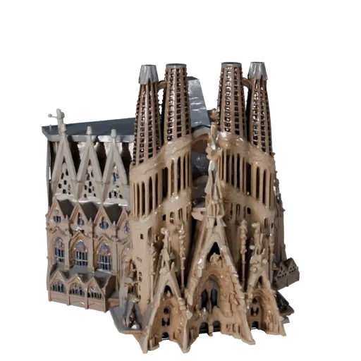 Низкополигональная 3D модель Саграда Фамилия, готовая для игры, вид снаружи, показывающий материалы структуры достопримечател