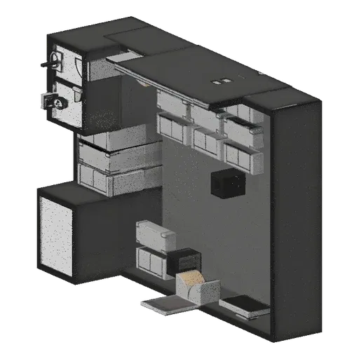 3D модель современного модульного кухонного гарнитура с серыми шкафами и белой столешницей, вид под небольшим углом сверху.