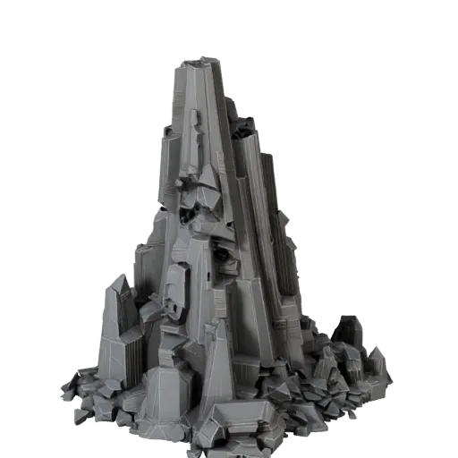 Низкополигональная 3D-модель инопланетного минерального шпиля, вид в игровом окне в три четверти, показывающий слоистый камен