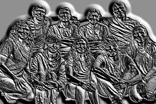 3D модель барельефа "Семейный портрет" в стиле гравировки, изображающая группу людей