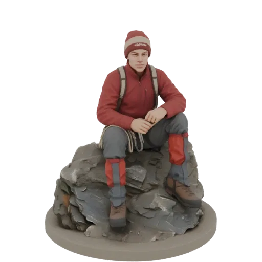 3D модель молодого скалолаза в красной куртке и шапке, сидящего на детализированной скале с веревками.