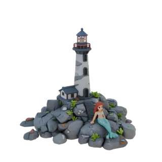 3D модель Русалочки Ариэль, сидящей на камнях рядом с маяком, с небольшими растениями, разбросанными по местности.