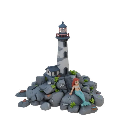 3D модель Русалочки Ариэль, сидящей на камнях рядом с маяком, с небольшими растениями, разбросанными по местности.