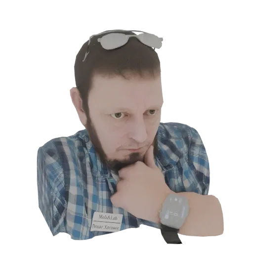 Рендер 3D модели мужчины с бородой, в синей клетчатой рубашке и умных часах, подпирающего подбородок рукой.