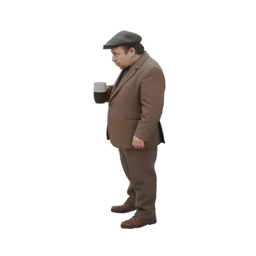 3D модель мужчины в коричневом костюме и кепке, держащего кружку, вид сбоку.