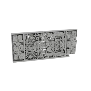 3D модель прямоугольной барельефной панели майя с замысловатыми глифами и центральной человекоподобной фигурой.