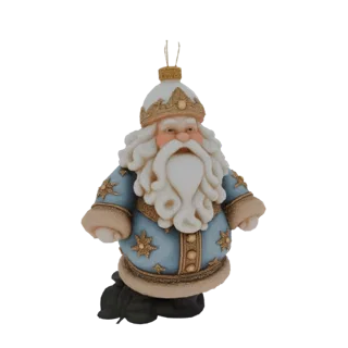3D модель праздничной фигурки Санты в синей мантии с золотыми звездами и меховой шапкой на белом фоне.