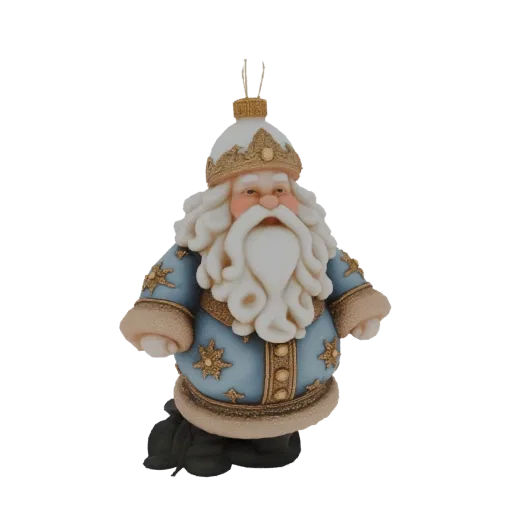 3D модель праздничной фигурки Санты в синей мантии с золотыми звездами и меховой шапкой на белом фоне.