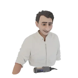 3D рендер стилизованного мультяшного мужчины с темными волосами, в белой куртке, улыбающегося и держащего серый инструмент с