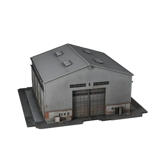 3D модель ангара для самолетов, готовая к использованию в Blender, вид рендера студии Blender, показывающий промышленные стро