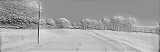 3D модель барельефа дороги с деревьями и домами, вид спереди
