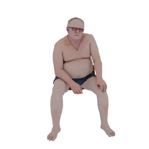 3D модель полного мужчины, сидящего, в синих плавках, с очками и расслабленным выражением лица.