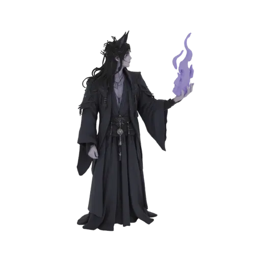 3D model of a mysterious sorcerer in dark robes, holding a glowing purple flame in their outstretched hand, with pointed ears