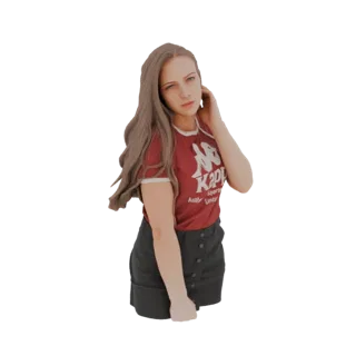 3D model of a young woman with long brown hair, wearing a red Kappa t-shirt and black skirt, posing with her hand near her he