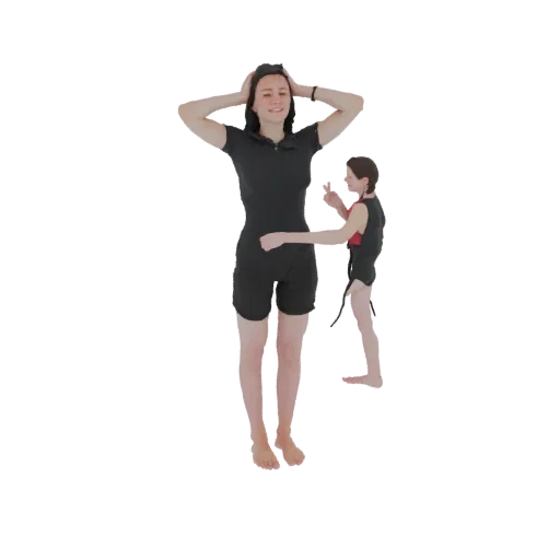 3D модель женщины в черном гидрокостюме с руками на голове, стоящей рядом с меньшей фигурой компаньона.